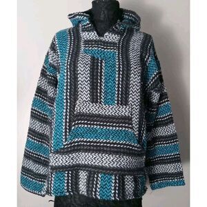 Baja Joe Woven Jerga Blue/White Black‎ Pullover Hoodie Sweatshirt Size S